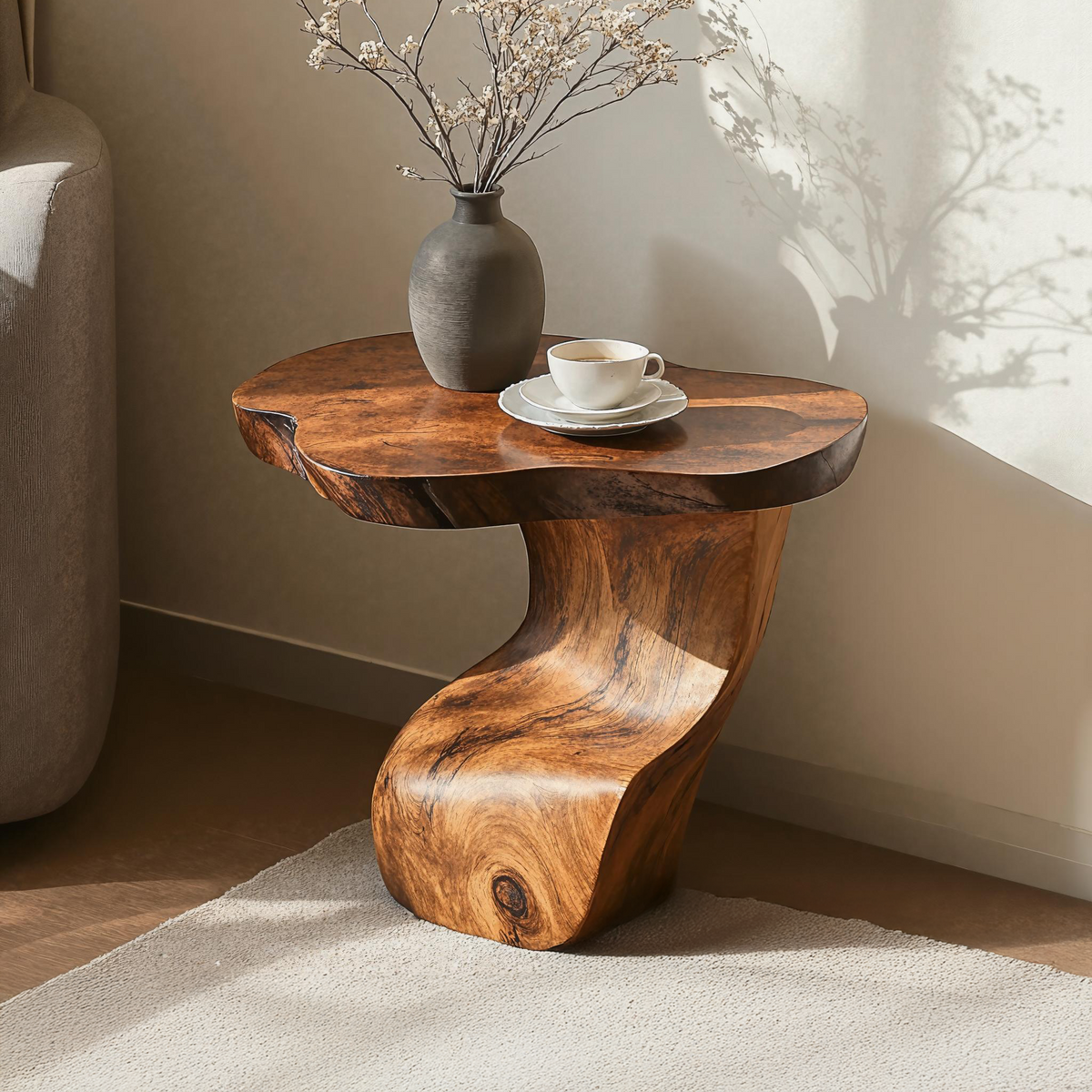 Compact Brown Wood Nightstand or Sofa Side Table, Oil-Waxed