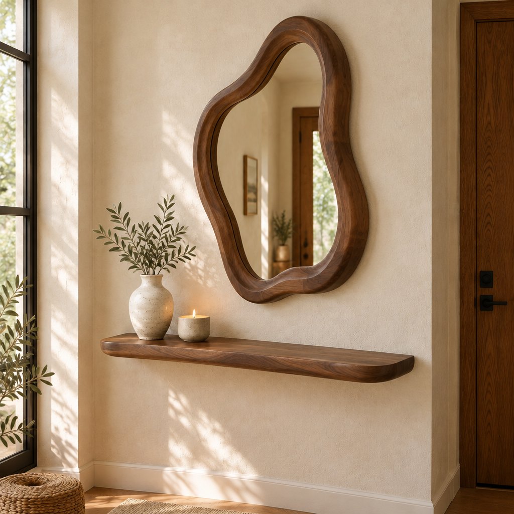 Organic Wavy Wall Mirror with Hand-Carved Solid Wood Frame