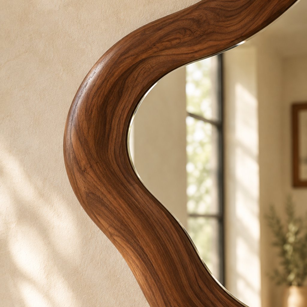 Organic Wavy Wall Mirror with Hand-Carved Solid Wood Frame