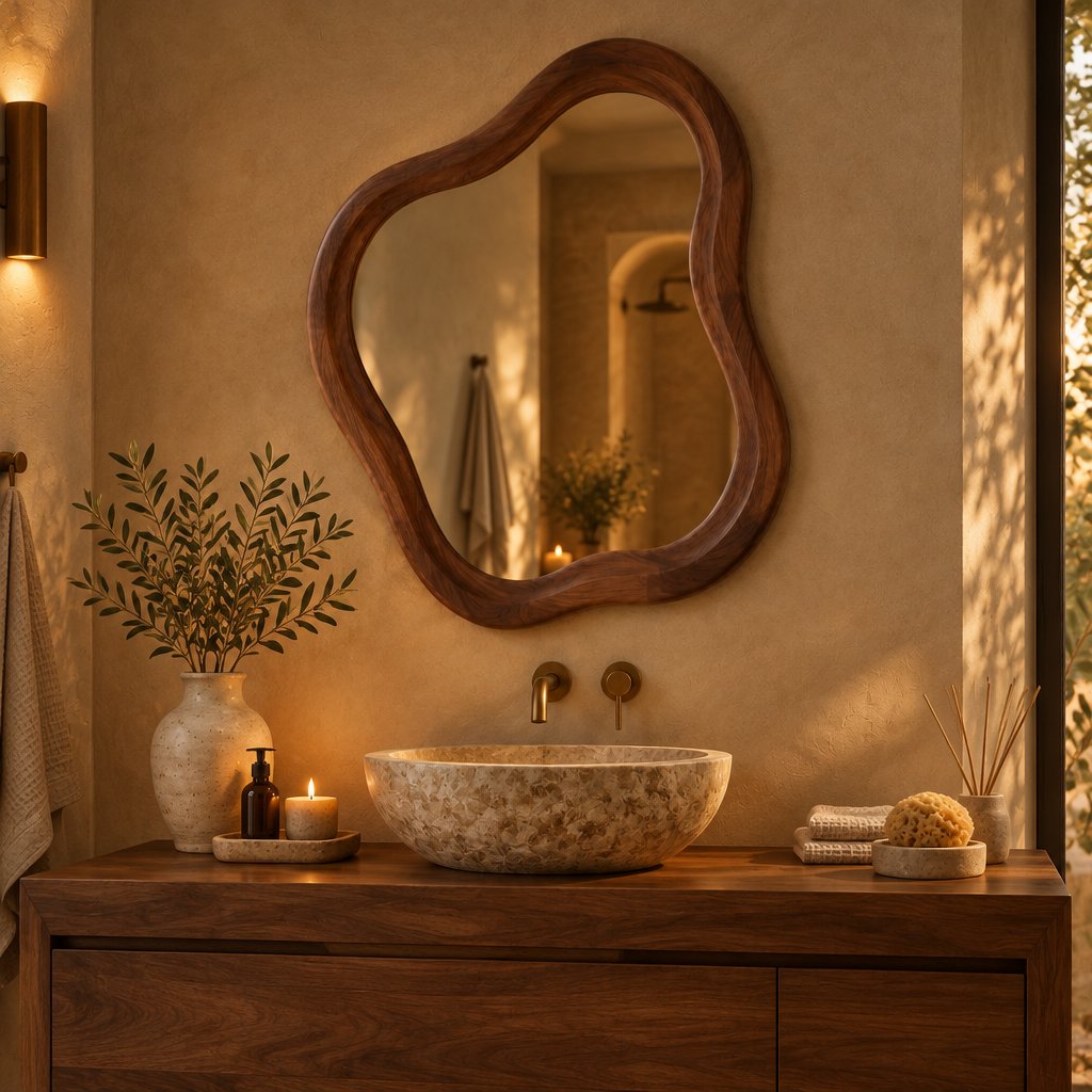 Organic Wavy Wall Mirror with Hand-Carved Solid Wood Frame