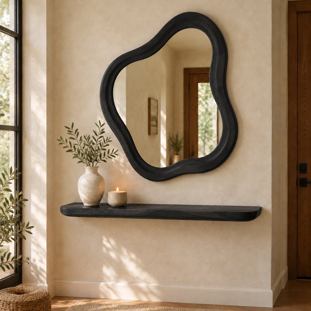 Organic Wavy Wall Mirror with Hand-Carved Solid Wood Frame