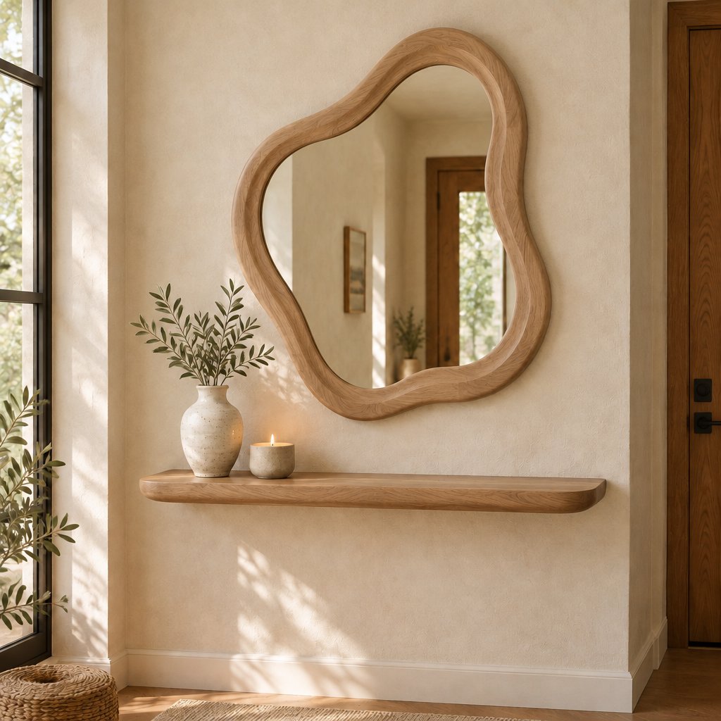 Organic Wavy Wall Mirror with Hand-Carved Solid Wood Frame