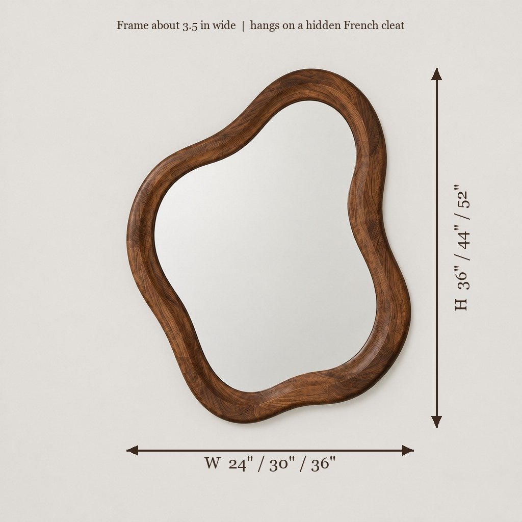 Organic Wavy Wall Mirror with Hand-Carved Solid Wood Frame