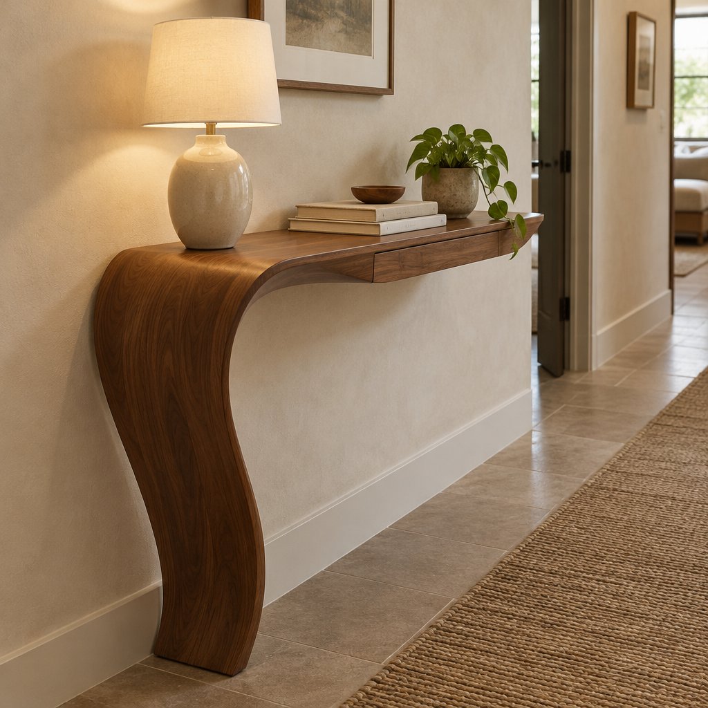 Curved Floating Wood Console with Hidden Drawer