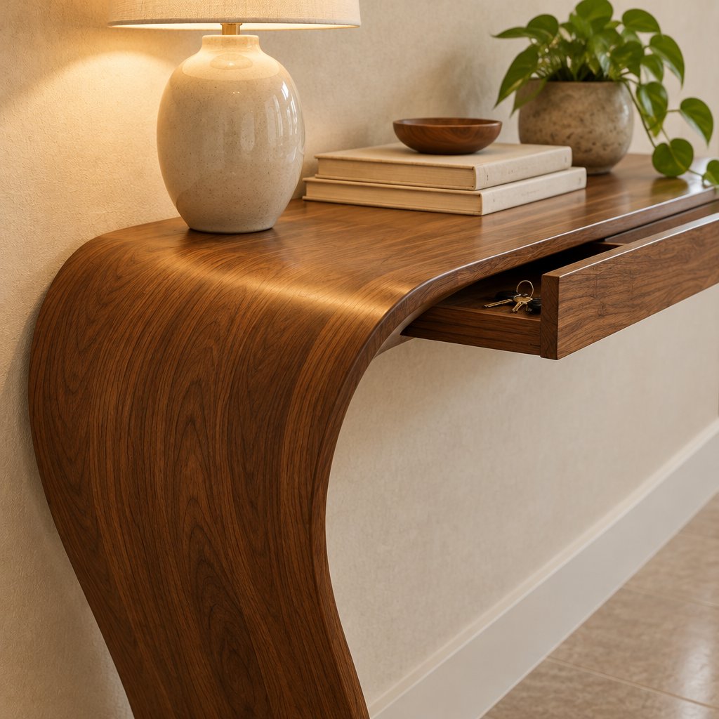 Curved Floating Wood Console with Hidden Drawer