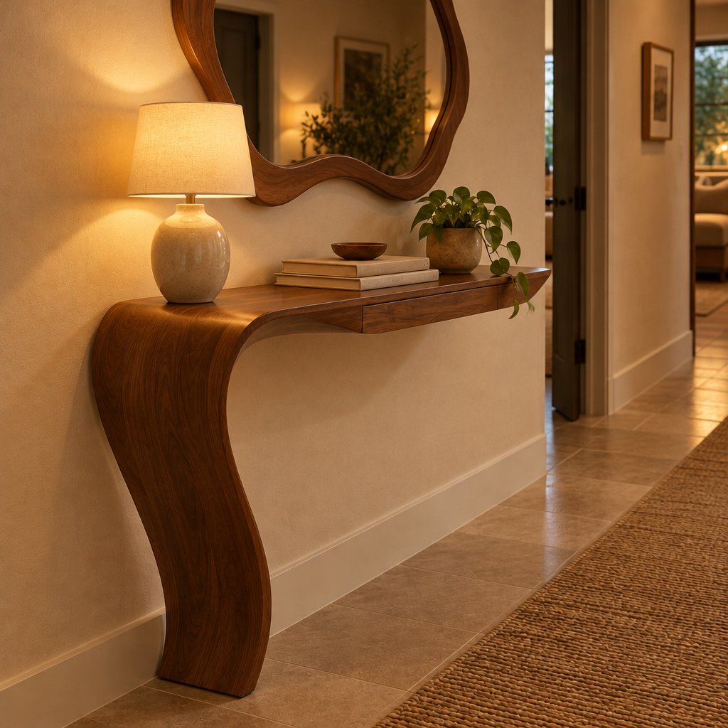 Curved Floating Wood Console with Hidden Drawer