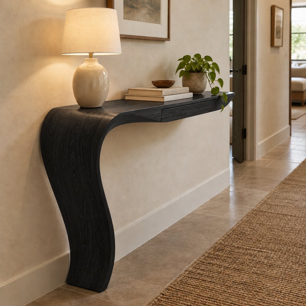 Curved Floating Wood Console with Hidden Drawer