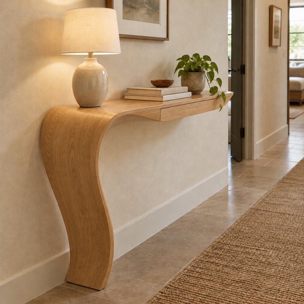 Curved Floating Wood Console with Hidden Drawer