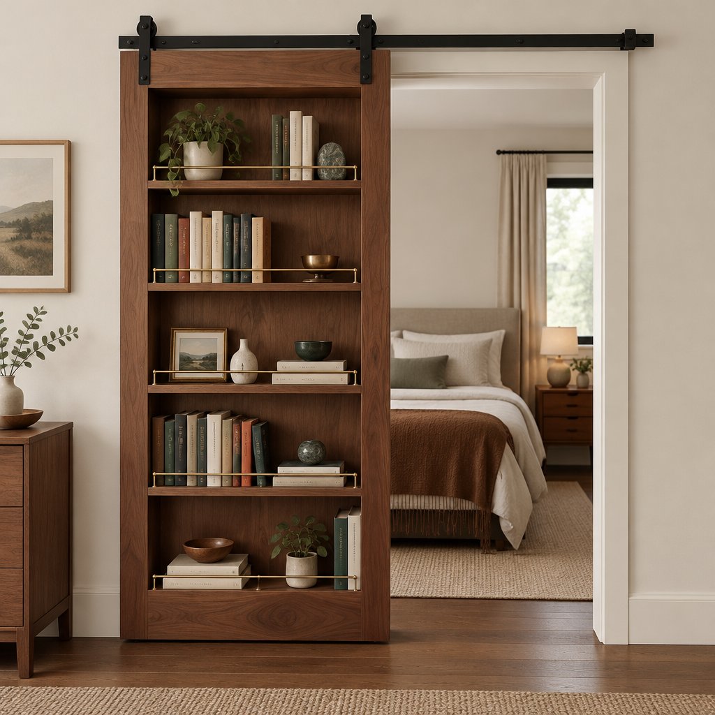 Sliding Barn Door Bookshelf, Solid Wood with Steel Track