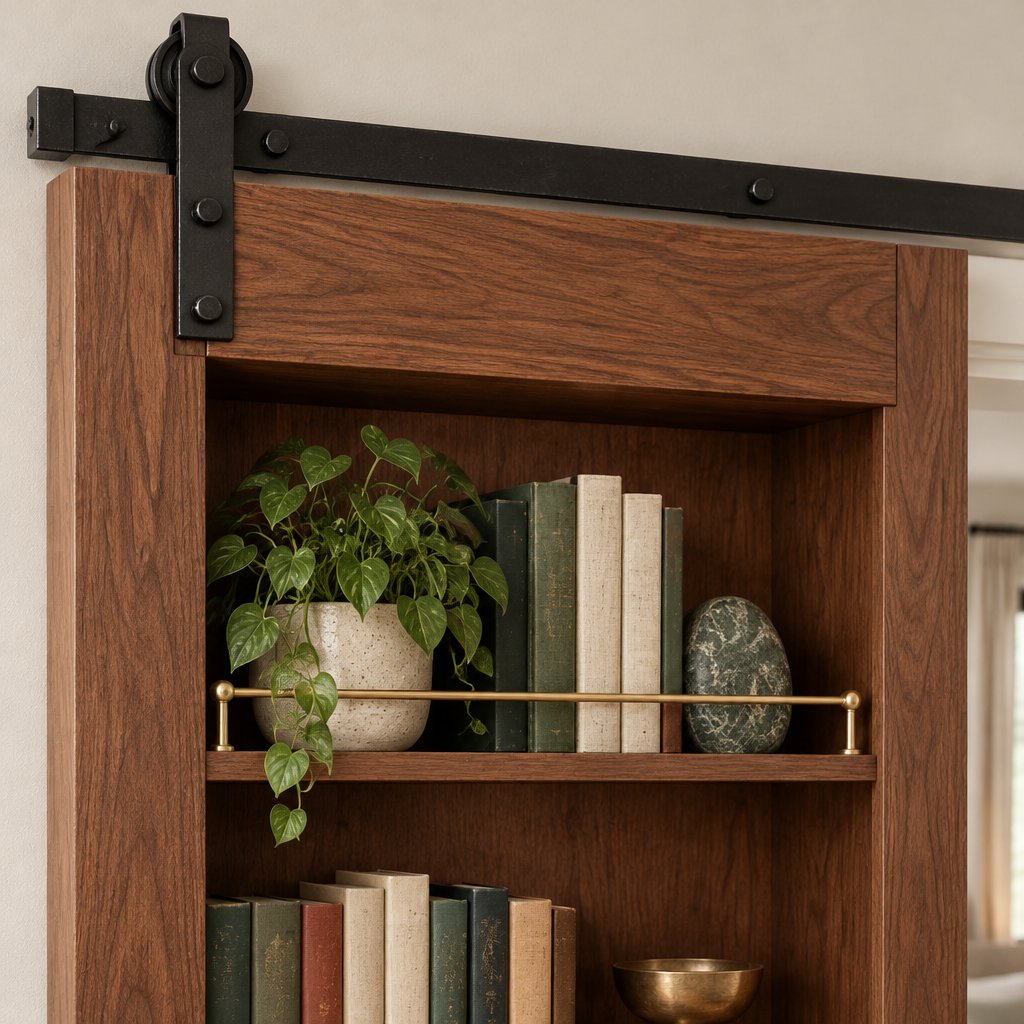 Sliding Barn Door Bookshelf, Solid Wood with Steel Track