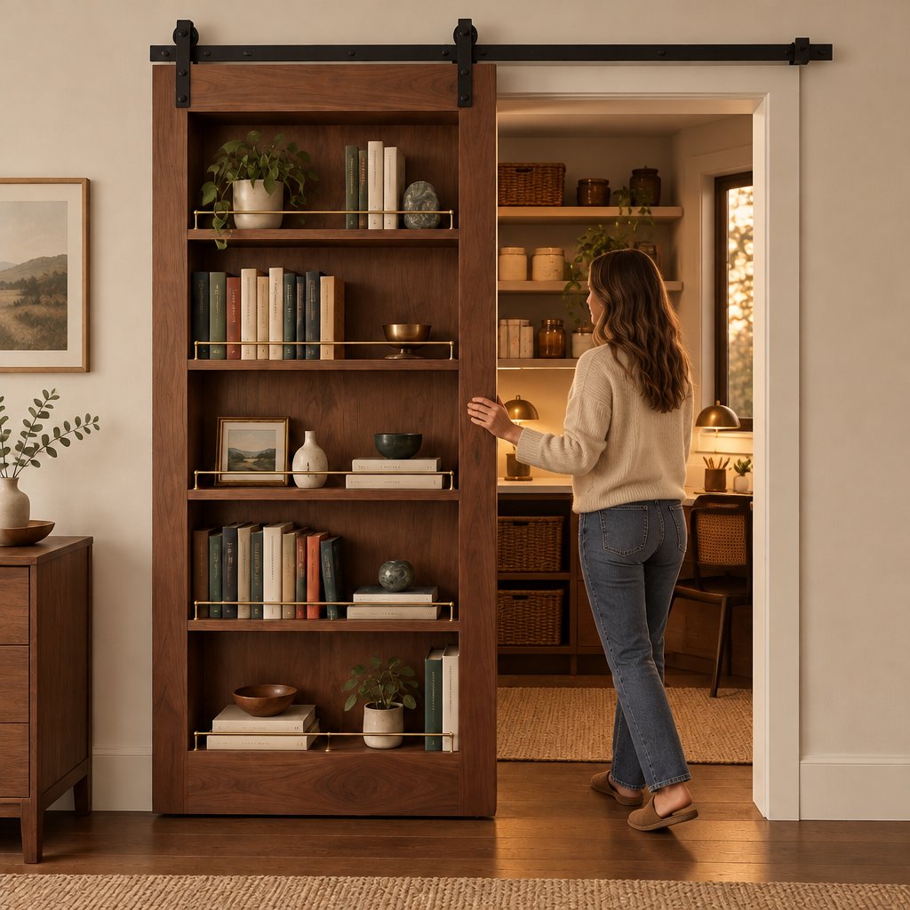 Sliding Barn Door Bookshelf, Solid Wood with Steel Track