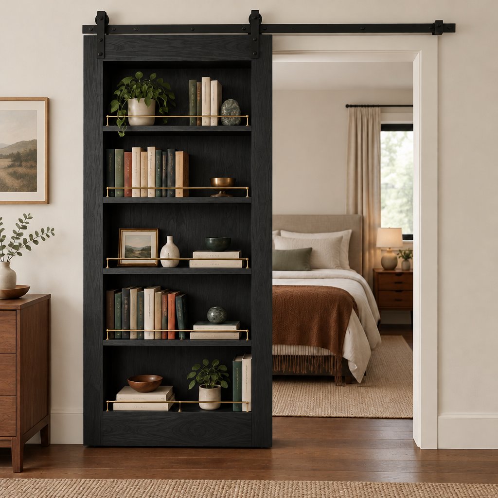 Sliding Barn Door Bookshelf, Solid Wood with Steel Track