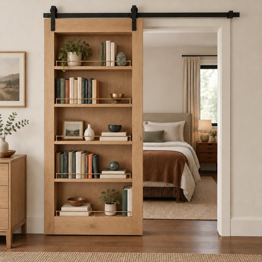 Sliding Barn Door Bookshelf, Solid Wood with Steel Track
