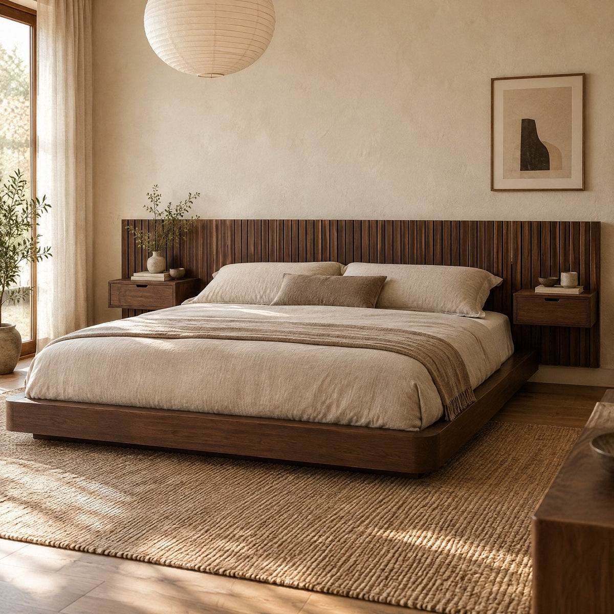 Japandi Low Platform Bed with Slat Headboard and Floating Nightstands