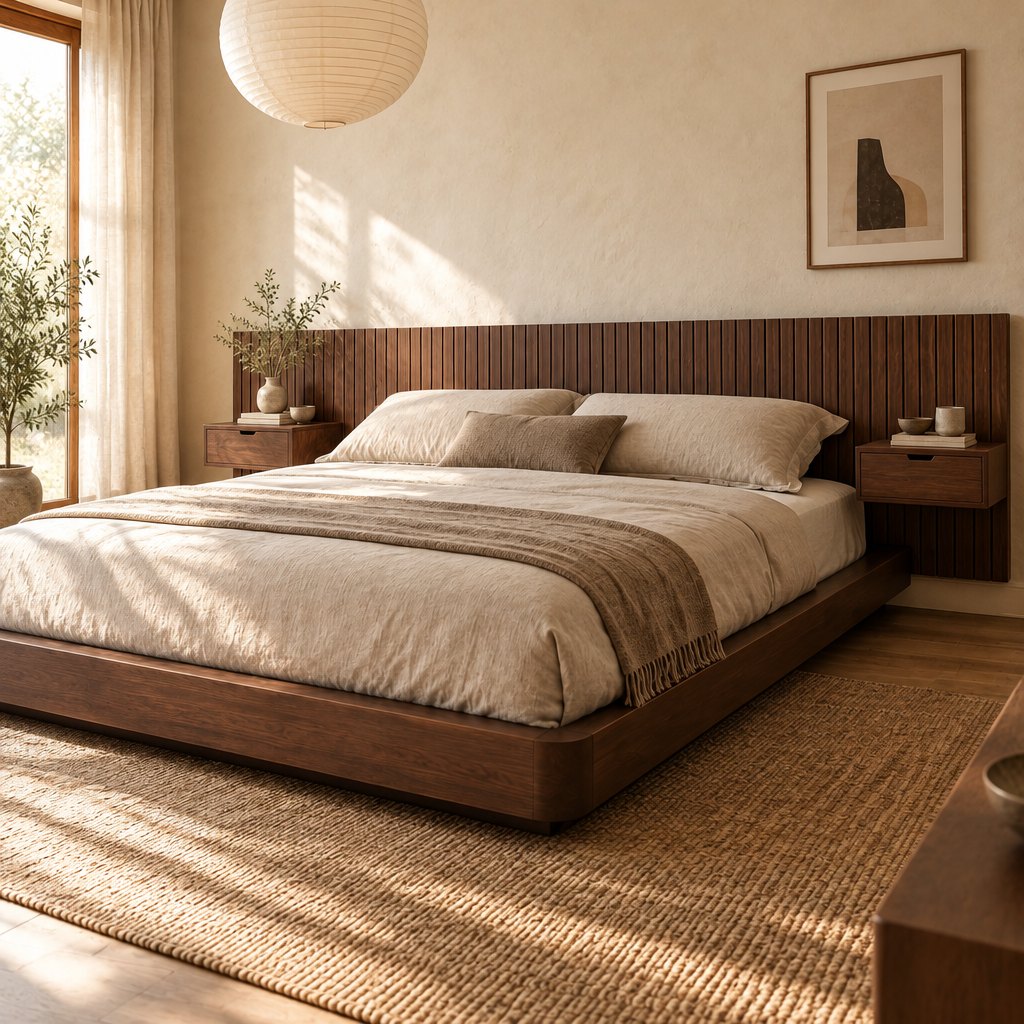Japandi Low Platform Bed with Slat Headboard and Floating Nightstands