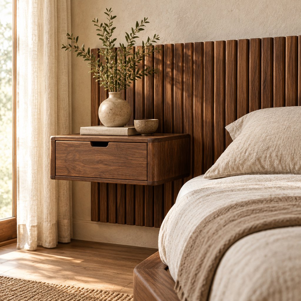 Japandi Low Platform Bed with Slat Headboard and Floating Nightstands