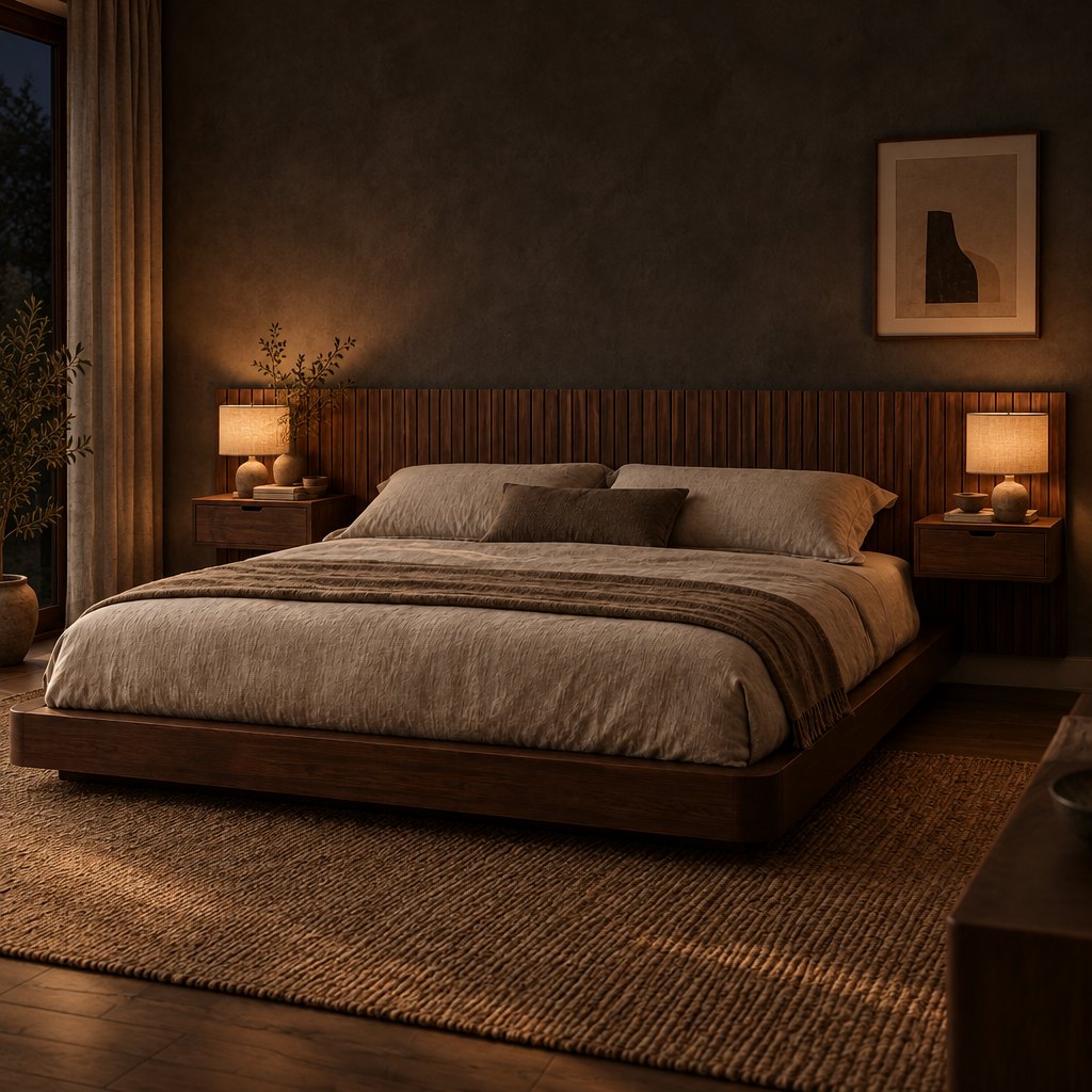 Japandi Low Platform Bed with Slat Headboard and Floating Nightstands