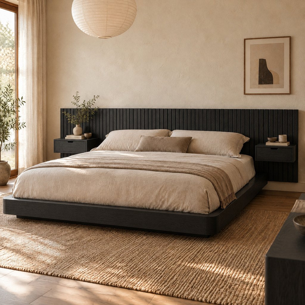 Japandi Low Platform Bed with Slat Headboard and Floating Nightstands
