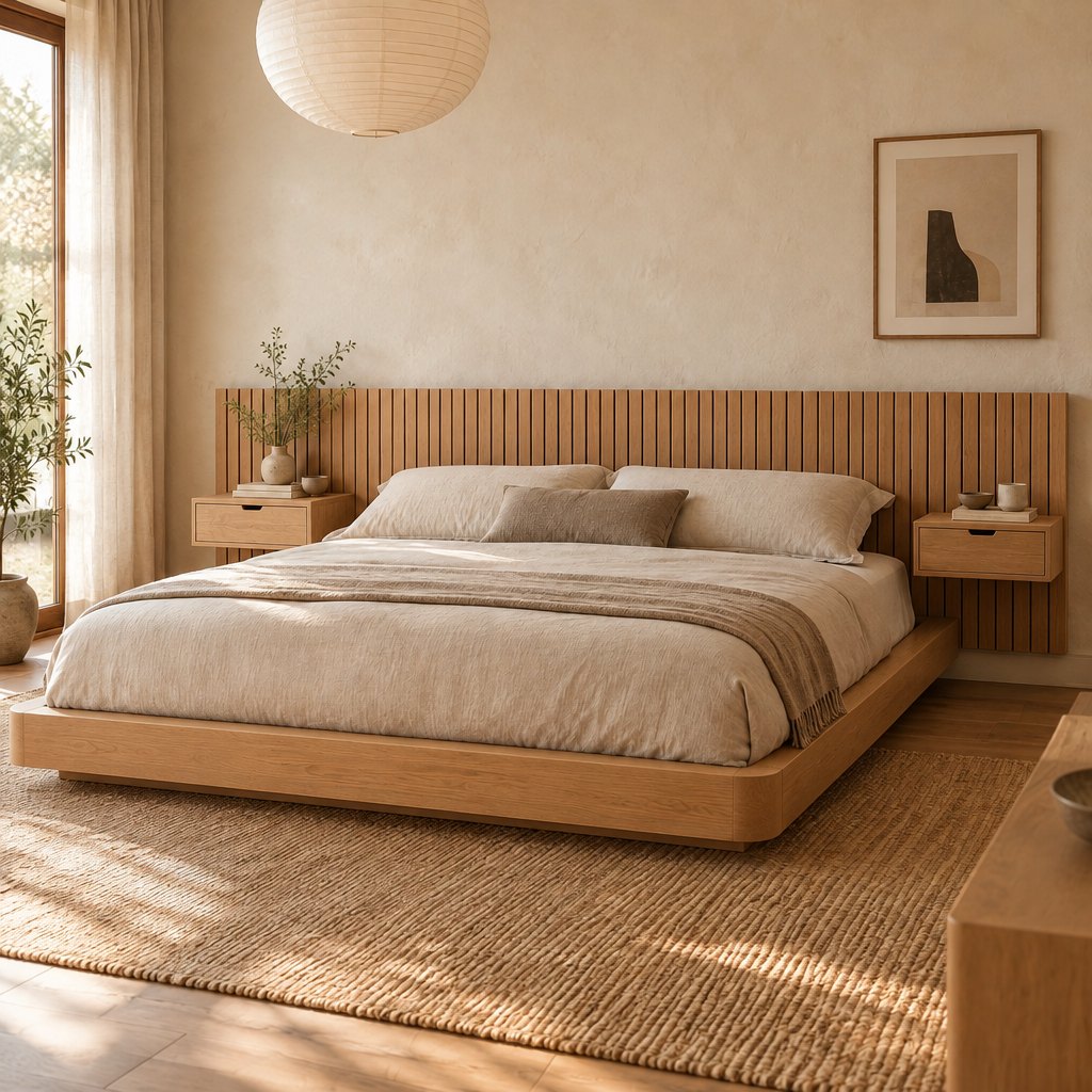 Japandi Low Platform Bed with Slat Headboard and Floating Nightstands