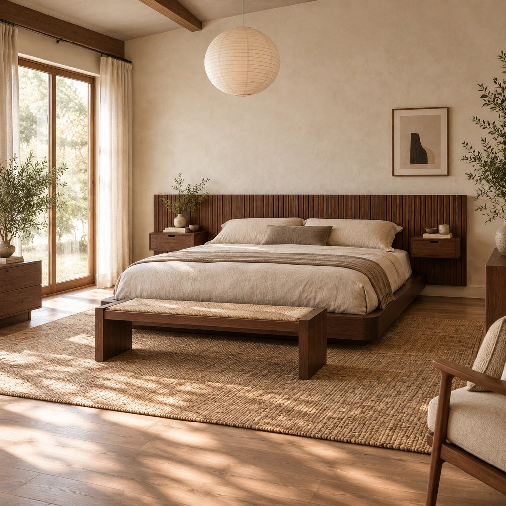 Japandi Low Platform Bed with Slat Headboard and Floating Nightstands