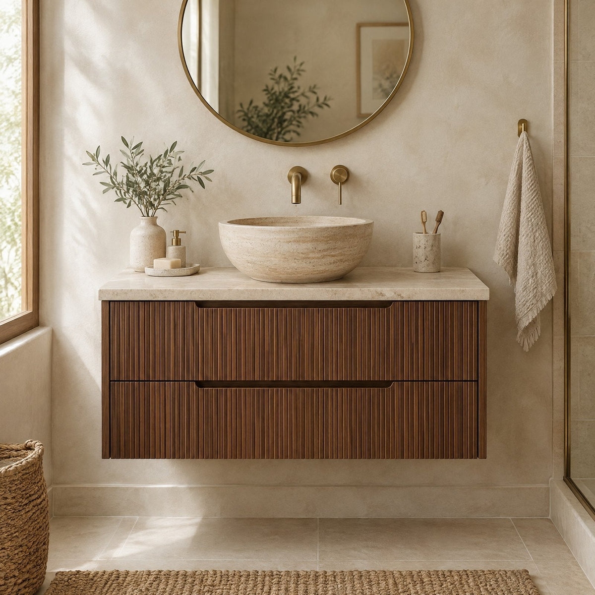 Fluted Floating Wood Vanity with Travertine Top