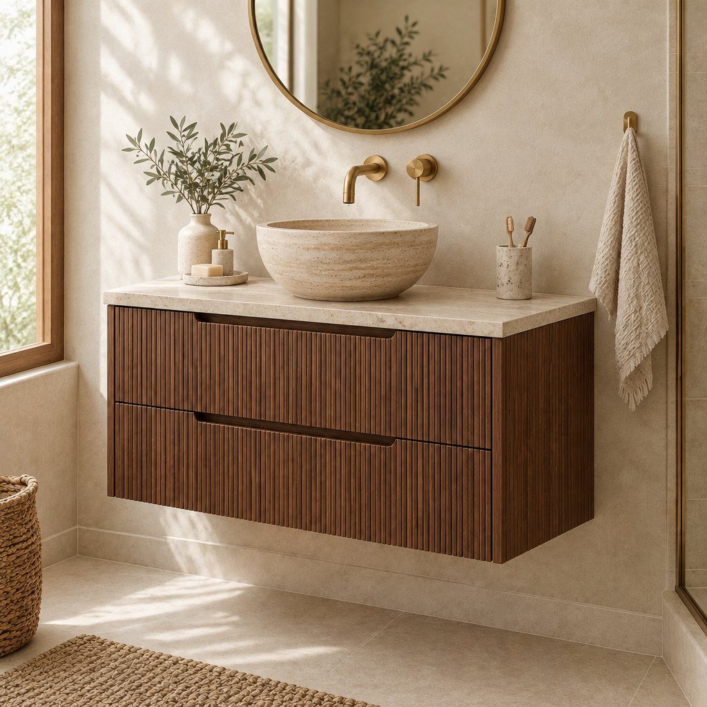 Fluted Floating Wood Vanity with Travertine Top