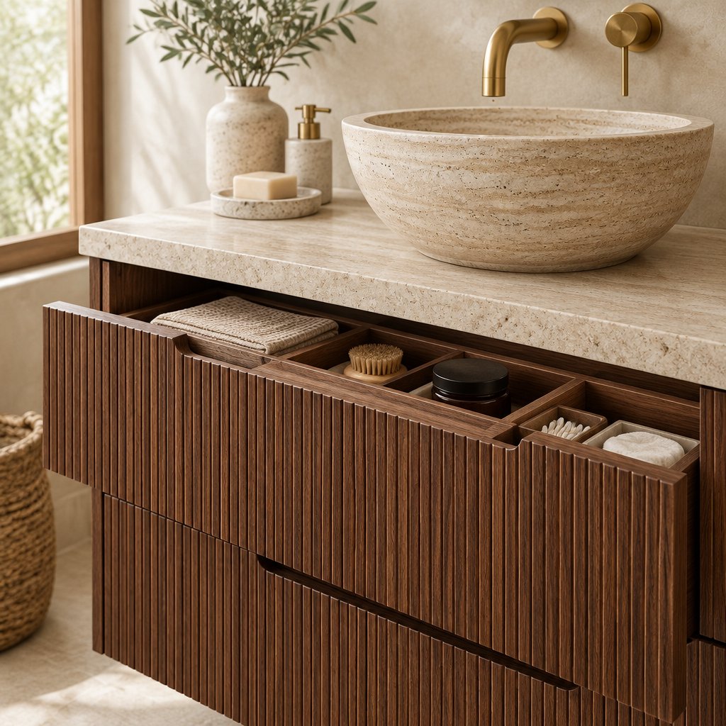 Fluted Floating Wood Vanity with Travertine Top