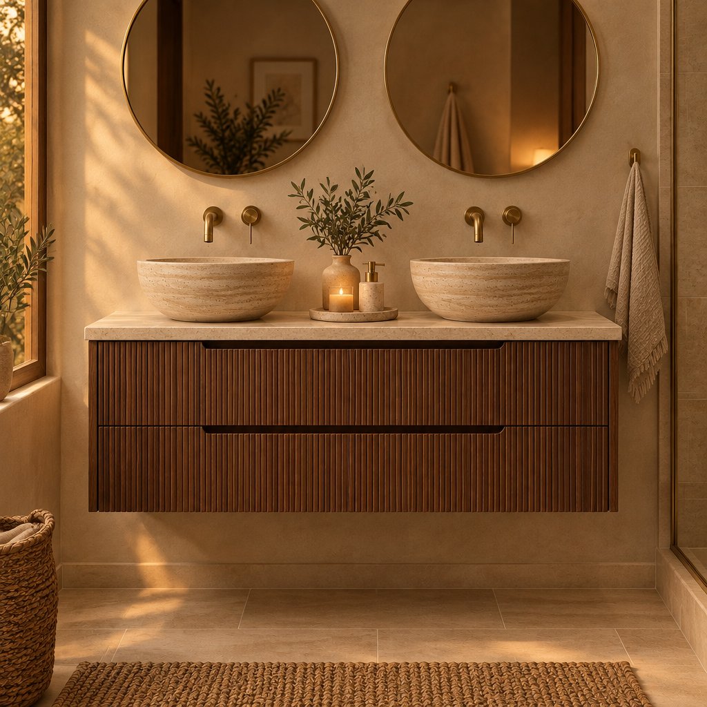 Fluted Floating Wood Vanity with Travertine Top