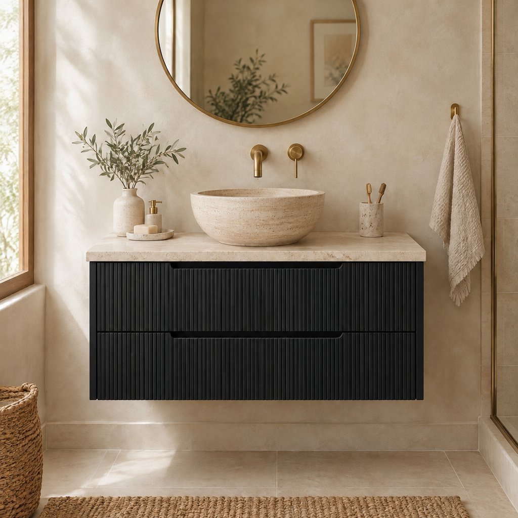 Fluted Floating Wood Vanity with Travertine Top