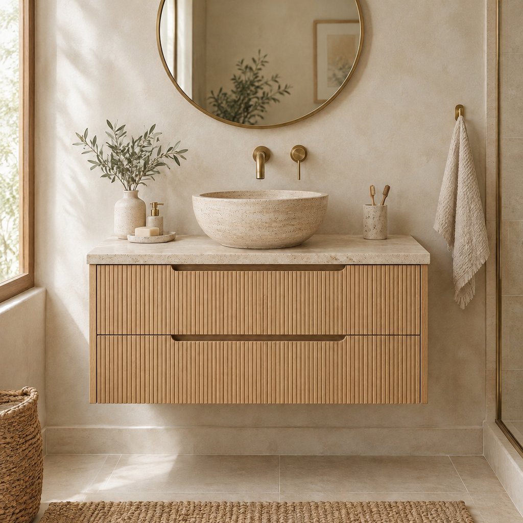 Fluted Floating Wood Vanity with Travertine Top