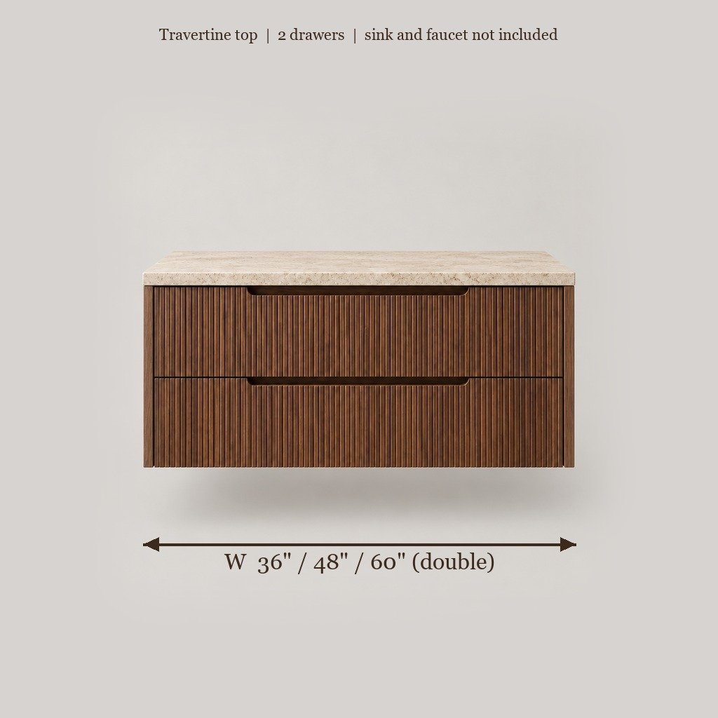 Fluted Floating Wood Vanity with Travertine Top