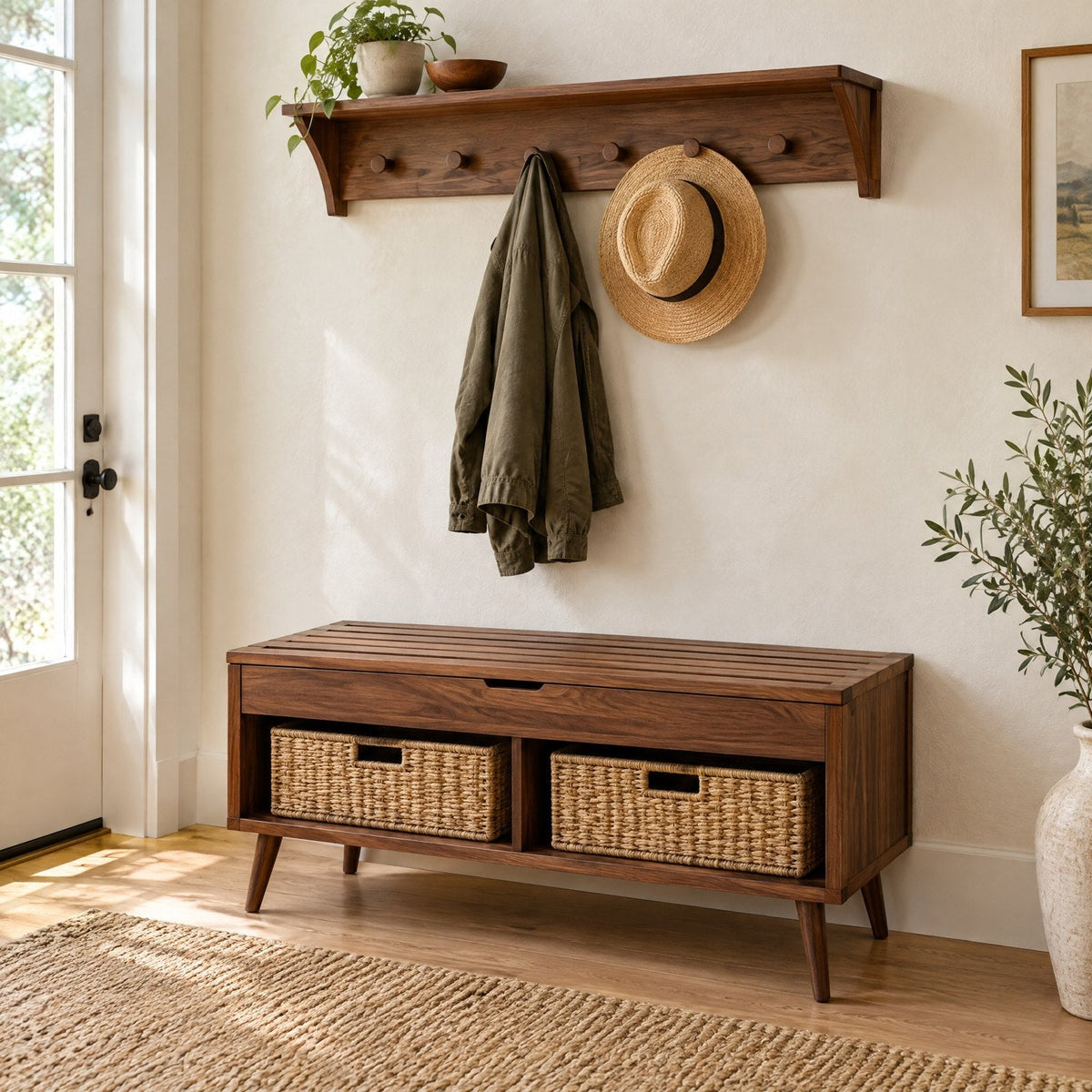 Slatted Entryway Storage Bench with Rattan Baskets