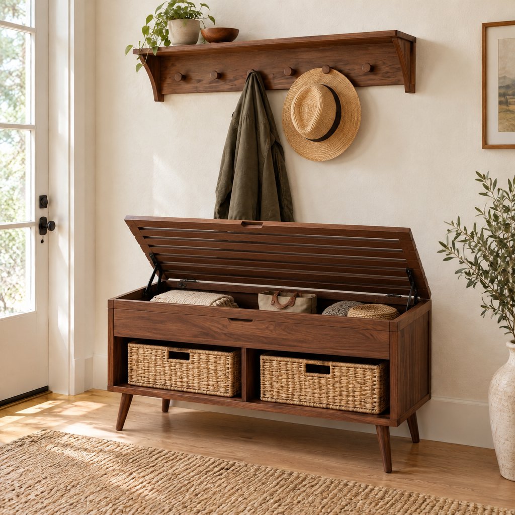 Slatted Entryway Storage Bench with Rattan Baskets