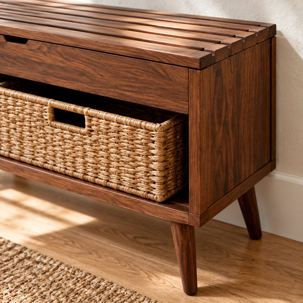 Slatted Entryway Storage Bench with Rattan Baskets
