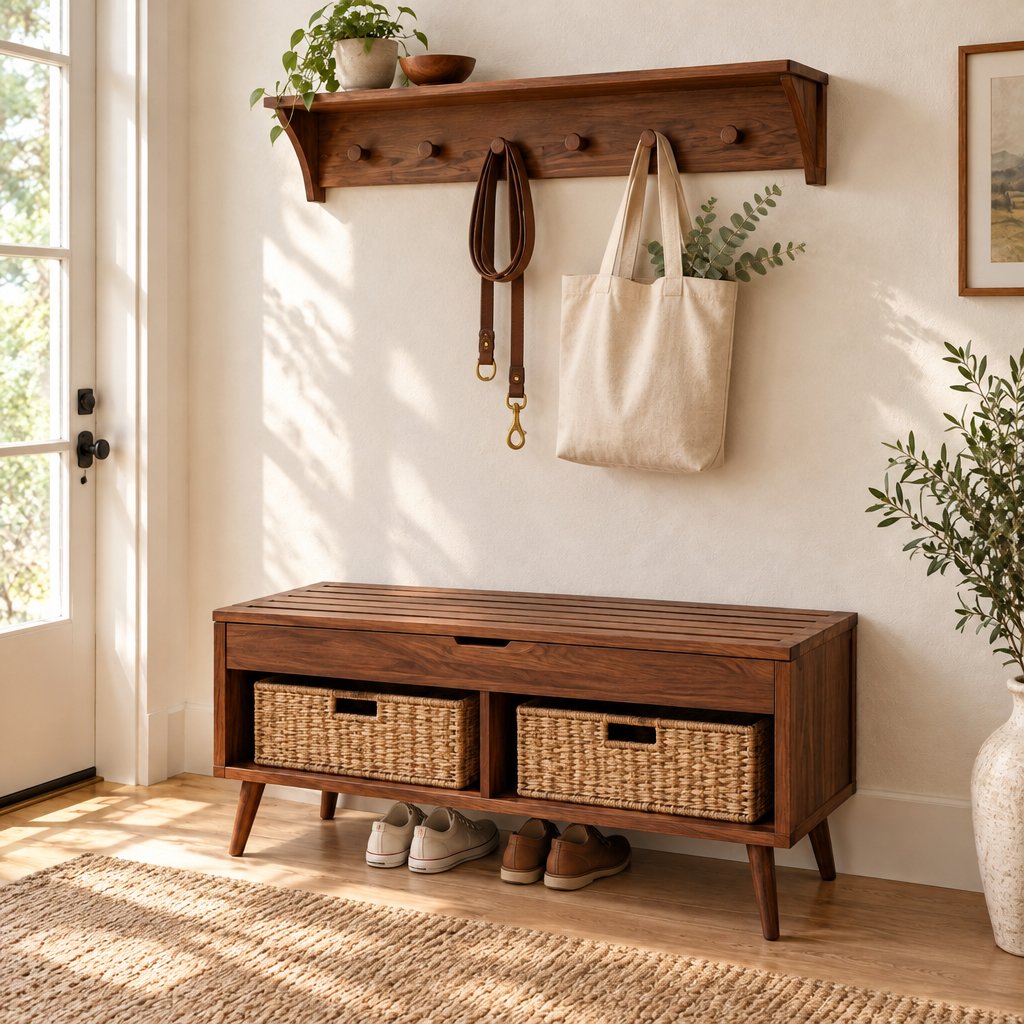 Slatted Entryway Storage Bench with Rattan Baskets