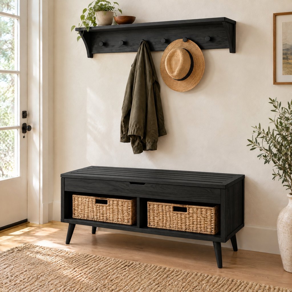 Slatted Entryway Storage Bench with Rattan Baskets
