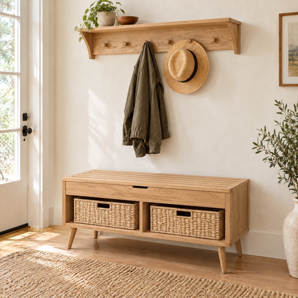 Slatted Entryway Storage Bench with Rattan Baskets