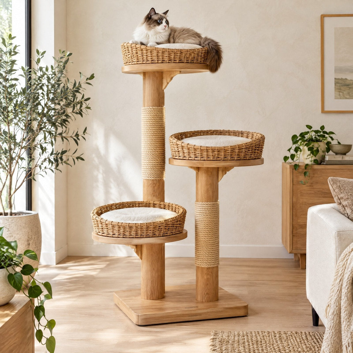 Japandi Wood Cat Tree with Rattan Basket Beds