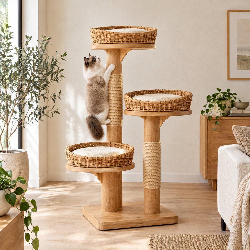Japandi Wood Cat Tree with Rattan Basket Beds