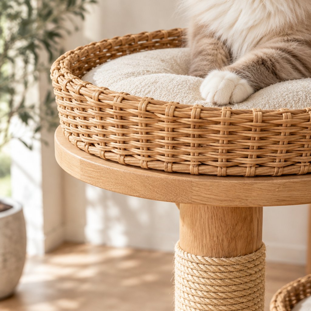 Japandi Wood Cat Tree with Rattan Basket Beds