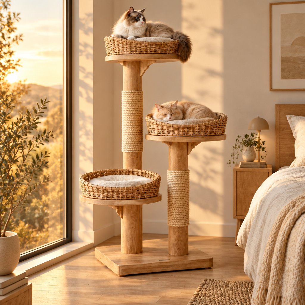 Japandi Wood Cat Tree with Rattan Basket Beds