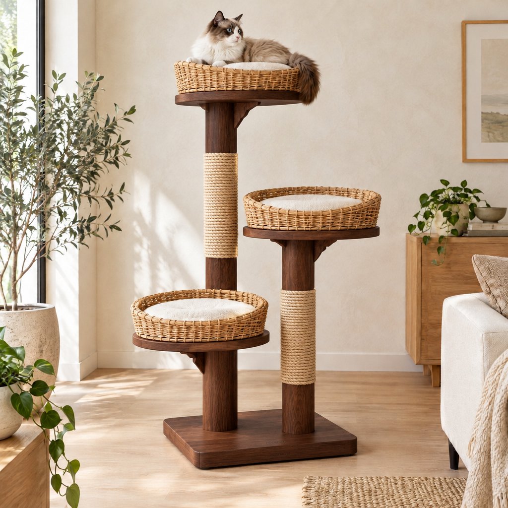 Japandi Wood Cat Tree with Rattan Basket Beds