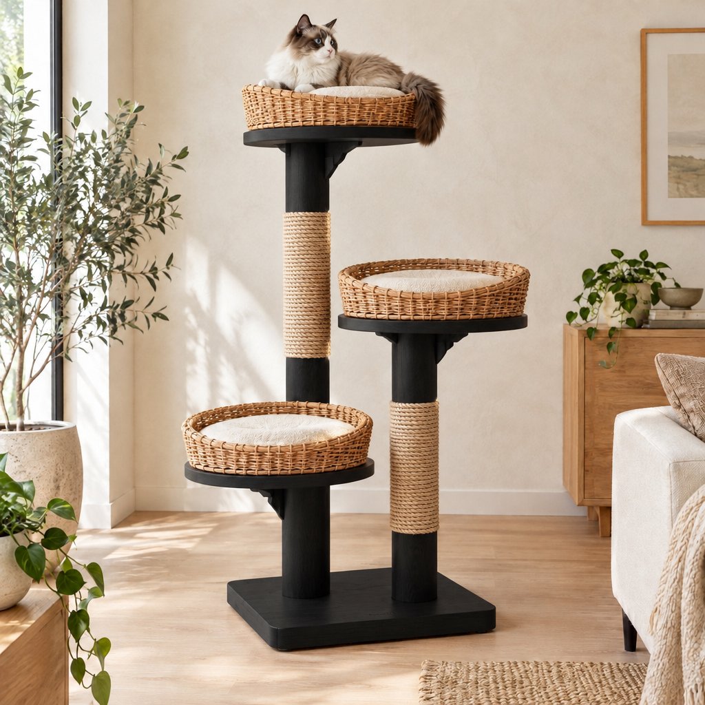 Japandi Wood Cat Tree with Rattan Basket Beds