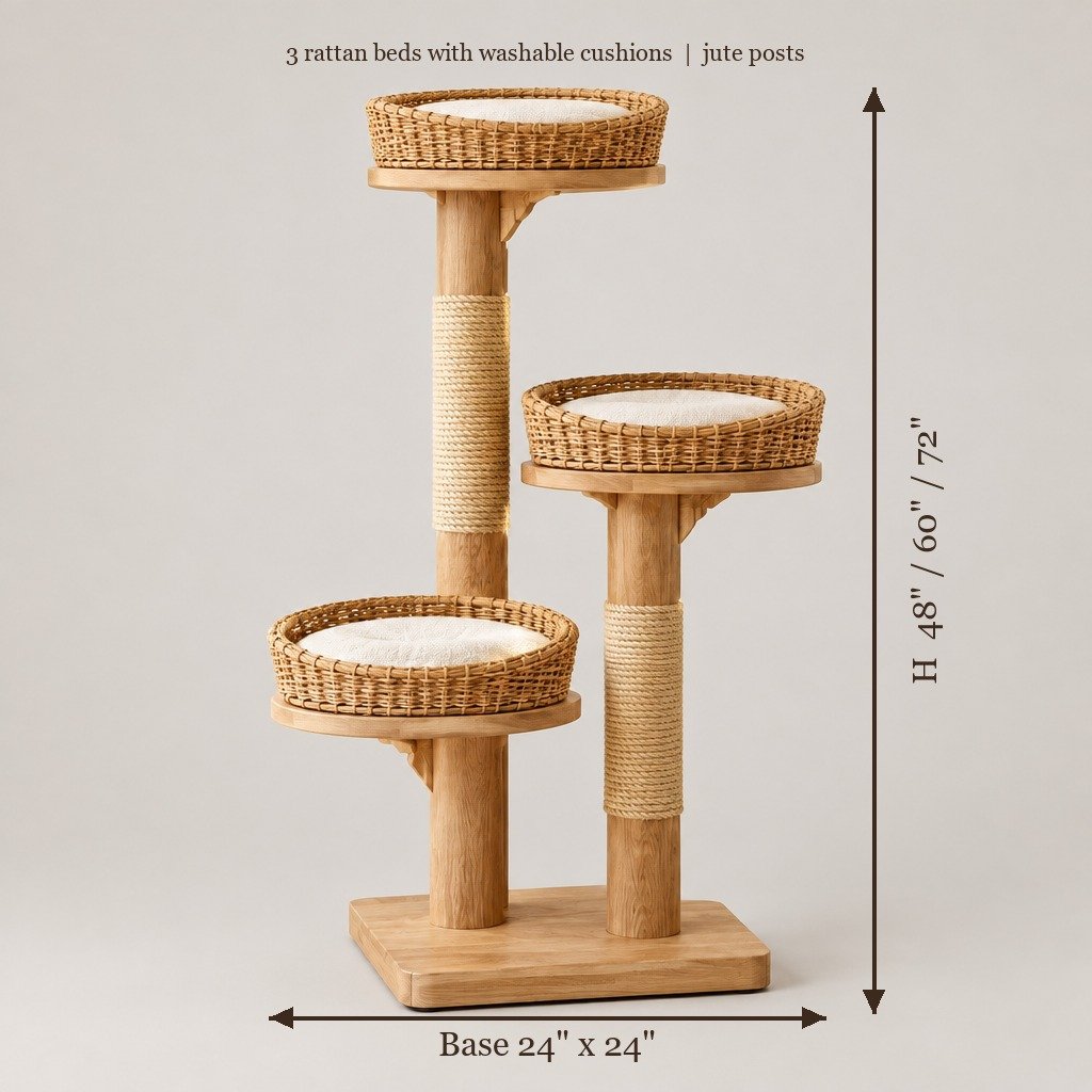 Japandi Wood Cat Tree with Rattan Basket Beds