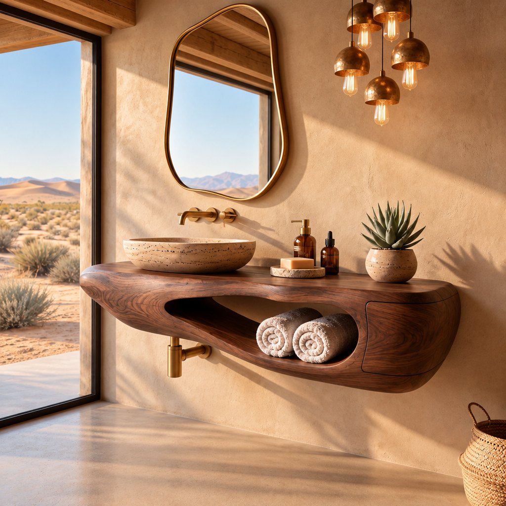 Sculpted Pebble Floating Bathroom Vanity, Solid Wood