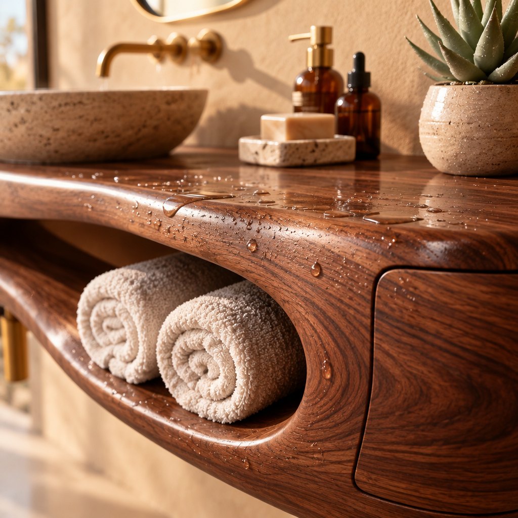 Sculpted Pebble Floating Bathroom Vanity, Solid Wood