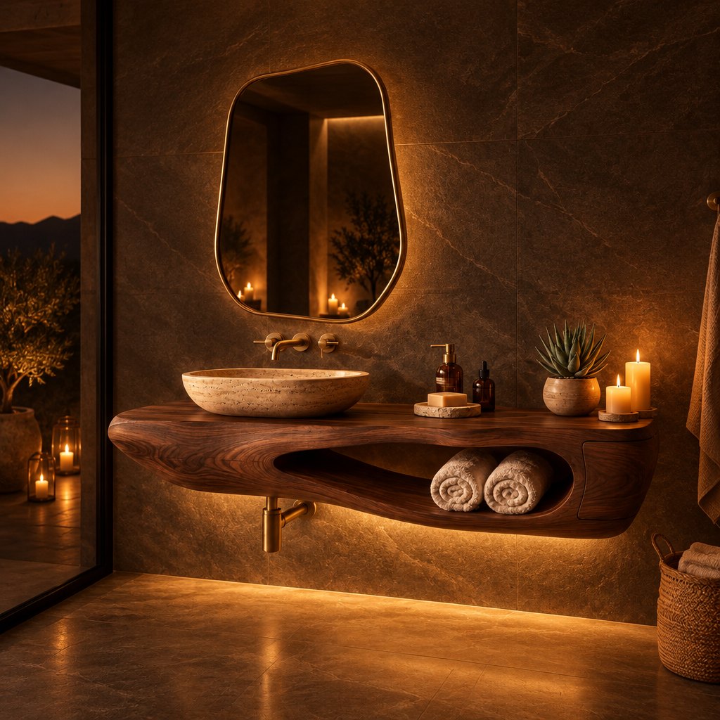 Sculpted Pebble Floating Bathroom Vanity, Solid Wood