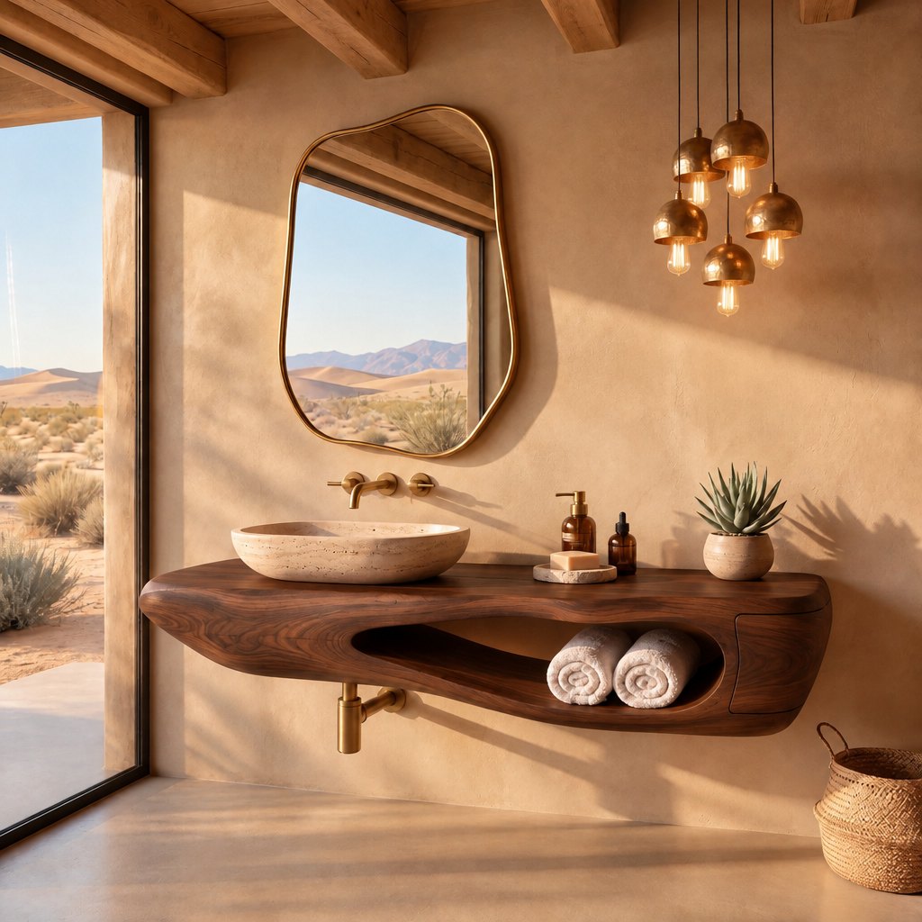 Sculpted Pebble Floating Bathroom Vanity, Solid Wood