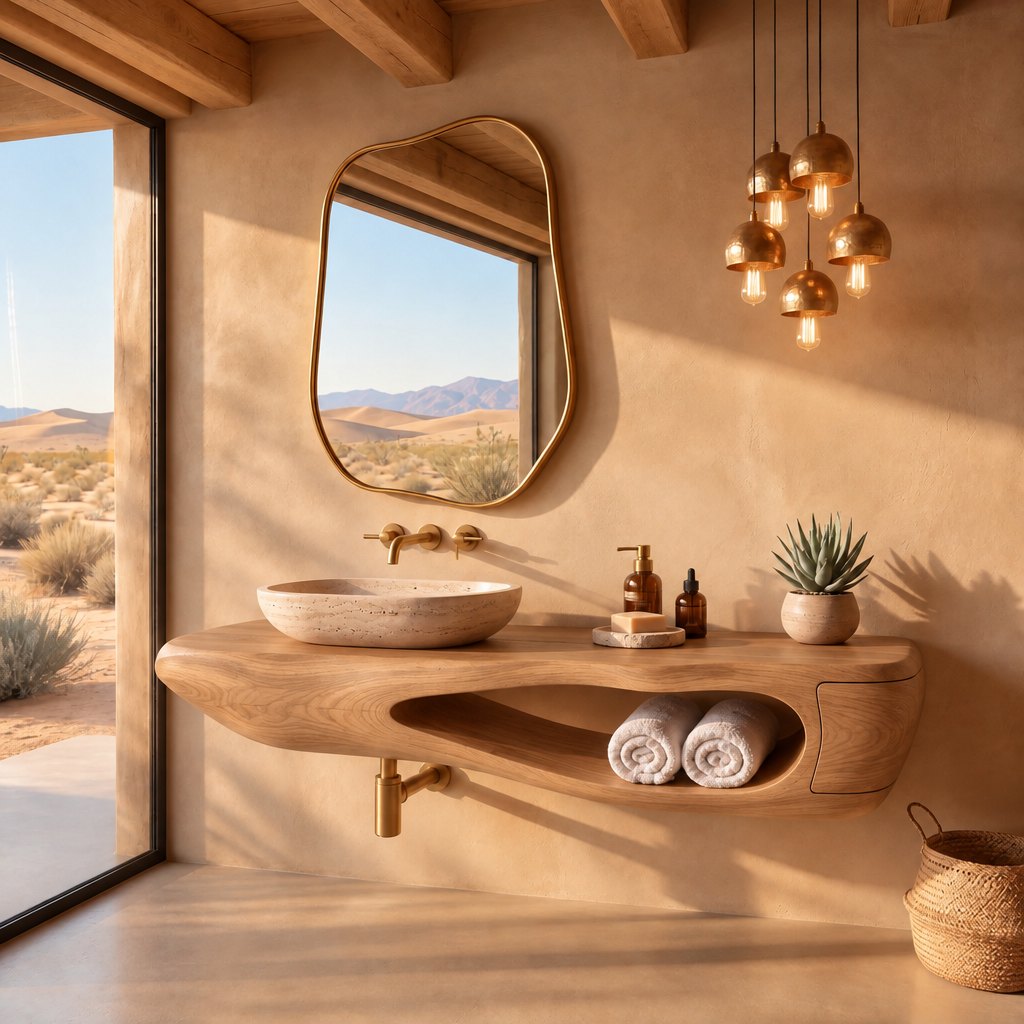 Sculpted Pebble Floating Bathroom Vanity, Solid Wood