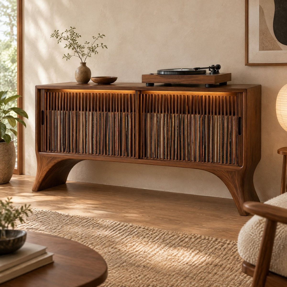 Sculpted Leg Vinyl Record Cabinet with Slat Doors and LED